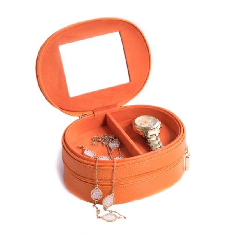 Orange Lizard Leather Two Level Jewelry Case With Mirror