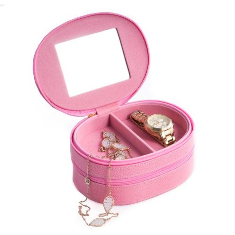 Pink Lizard Leather Two Level Jewelry Case With Mirror