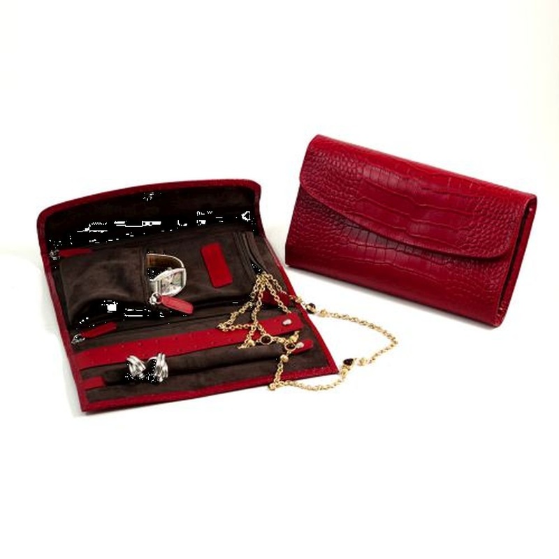 Red Croco Leather Multi Compartment Jewelry Clutch