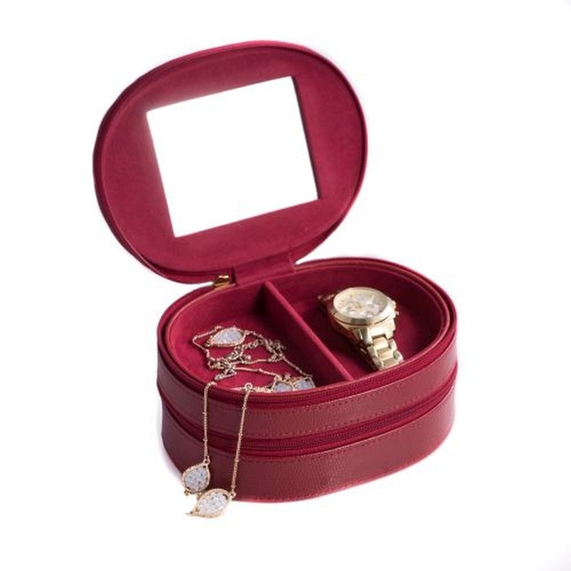 Red Lizard Leather Two Level Jewelry Case With Mirror