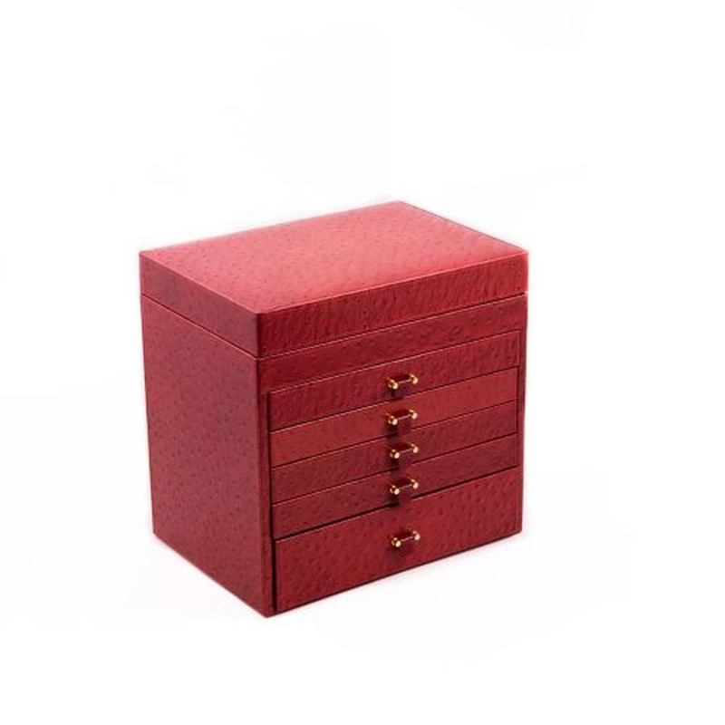 Red Ostrich Leather Jewelry Chest With Removable Travel Case
