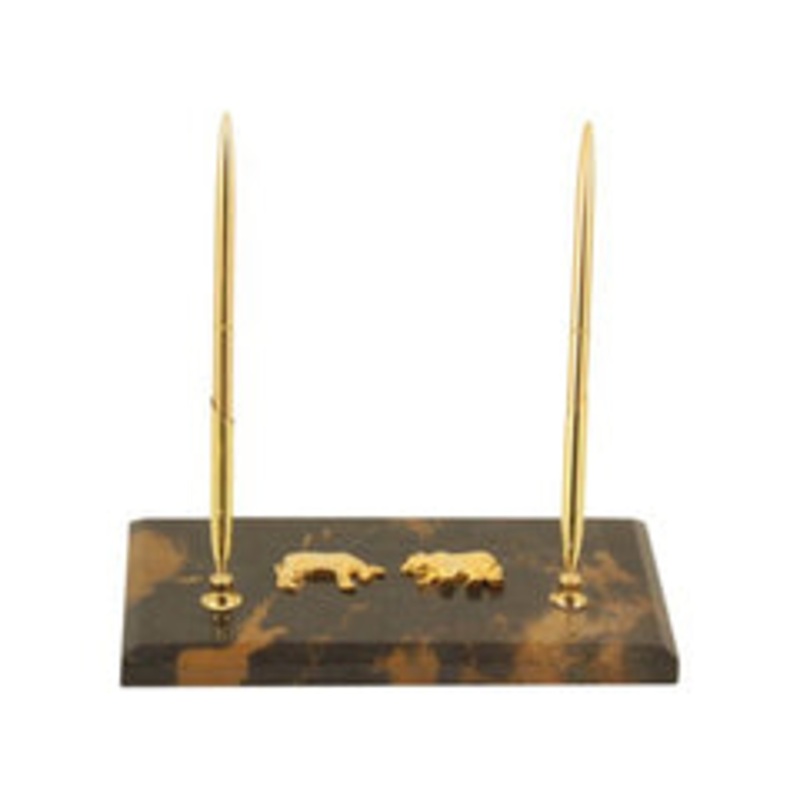 Stock Market, Tiger Eye Marble With Gold Double Pen Stand