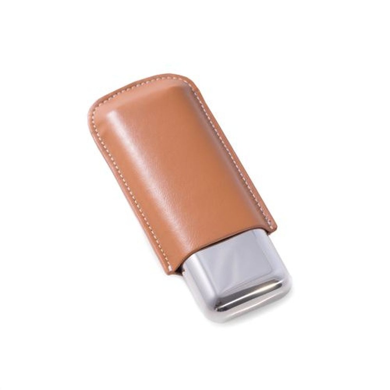 Tan Leather And Stainless Steel Two 52 Ga. Cigar Holder