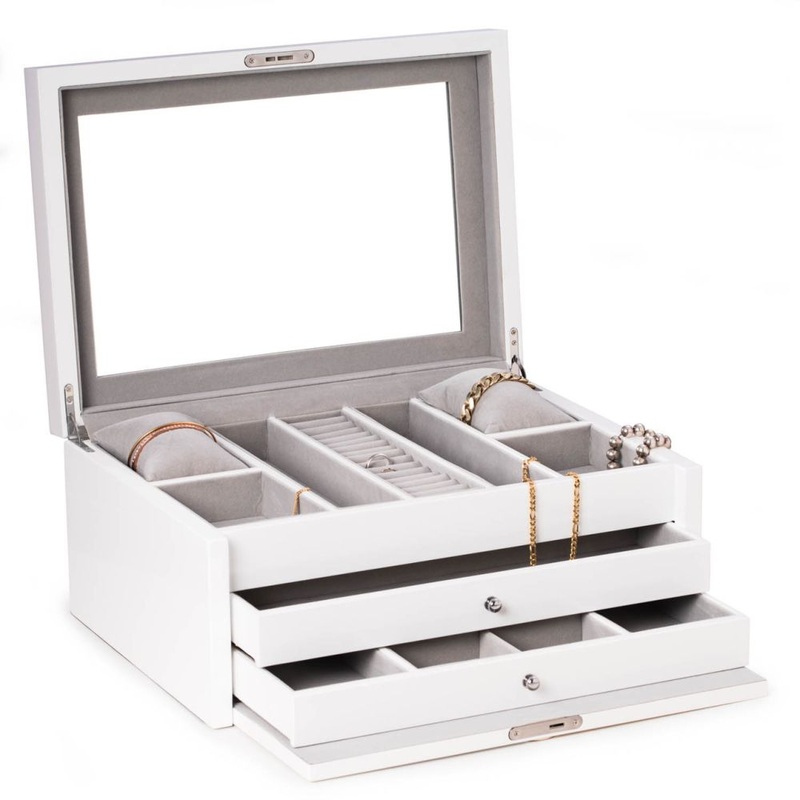 White Lacquer Large Jewelry Chest w/ Multi-Comparment