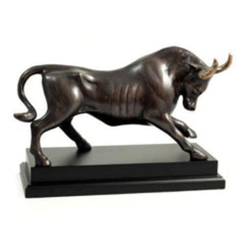 Bey Berk Brass Raging Bull Sculpture On Black Wood Base