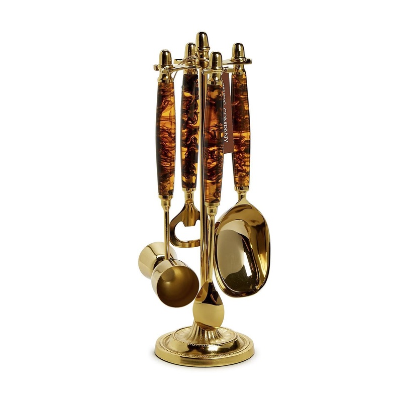 Two’s Company 4-pcs Tortoise Print Bar Set w/ Stand: Bottle Opener, Scoop, Spoon & Jigger