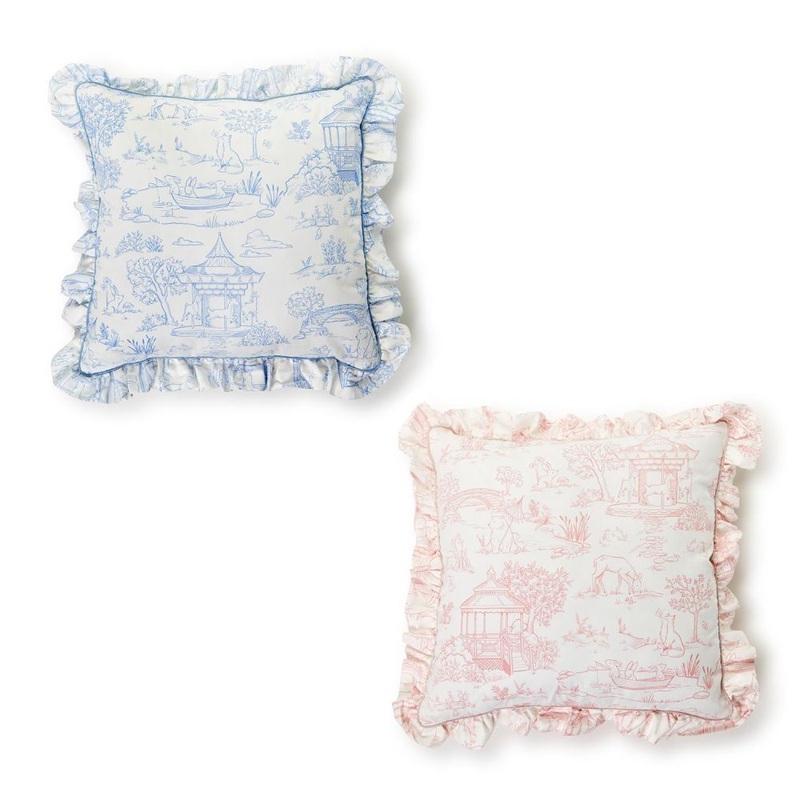 Two’s Company Baby Animal Toile Decorative Pillow with Ruffle and Pipping Details and Zipper Closure Assorted 2 Colors