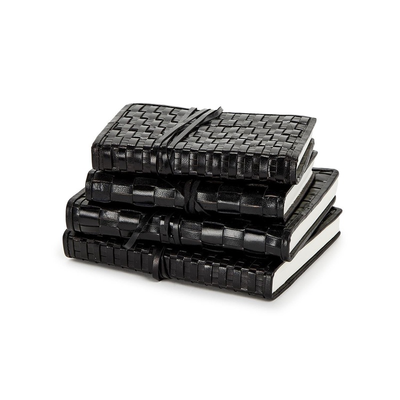 Two’s Company Black Set Of 4 Woven Leather Journal in 2 Sizes: 5X7 & 6X8 Assorted 2 Patterns