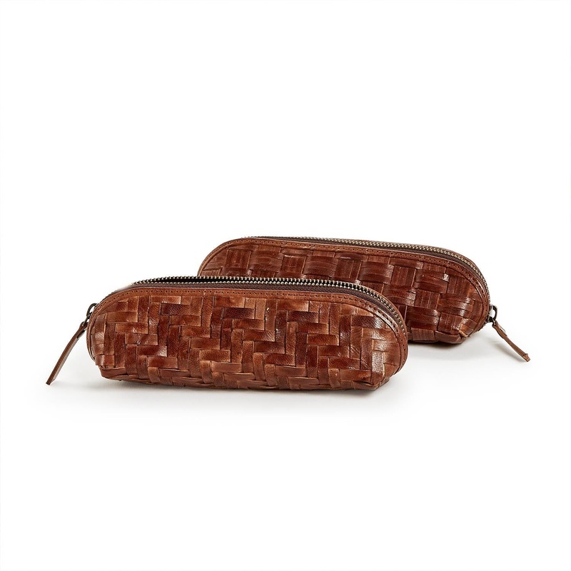 Two’s Company Chestnut Woven Leather Pencil Pouch Case Assorted 2 Patterns