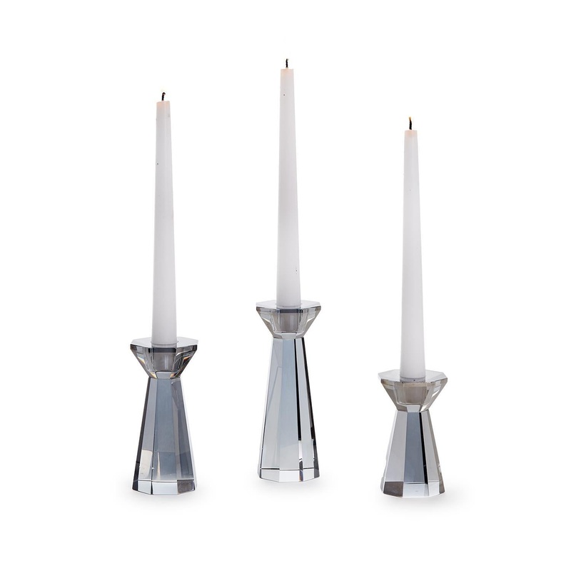 Two’s Company Facets Set Of 3 Smoke Hand-Cut Crystal Glass Candleholder In Gift Box