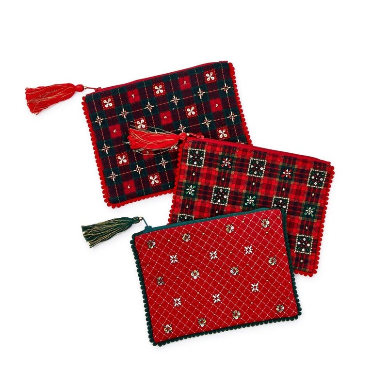 Two’s Company Holiday Check Embellished Pouches with Embroidery Beading on the Front and Trim Assorted 3 Designs
