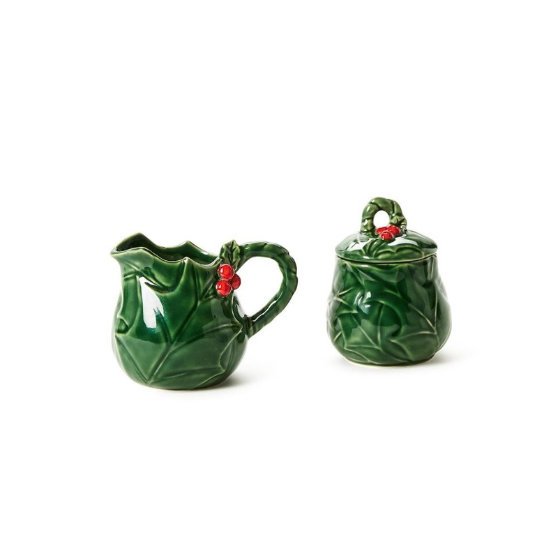 Two’s Company Holiday Holly Creamer And Sugar Set – Stoneware/Silicone