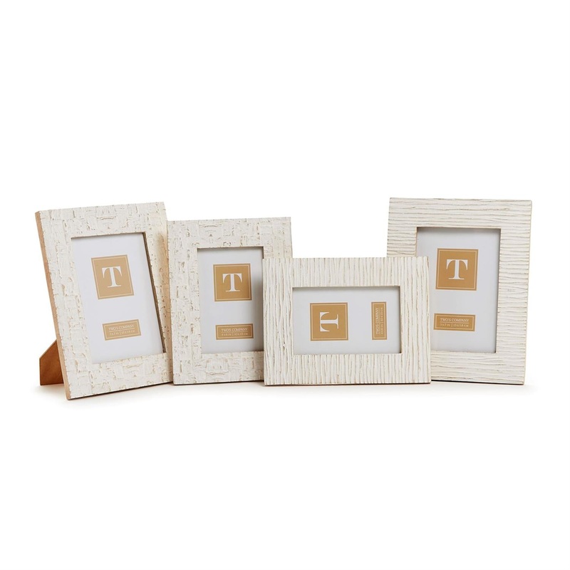 Two’s Company Horizontal & Brick Carved Pattern Set Of 4 Photo Frame Assorted 2 Styles In White Wash Finish in 4X6 & 5X7