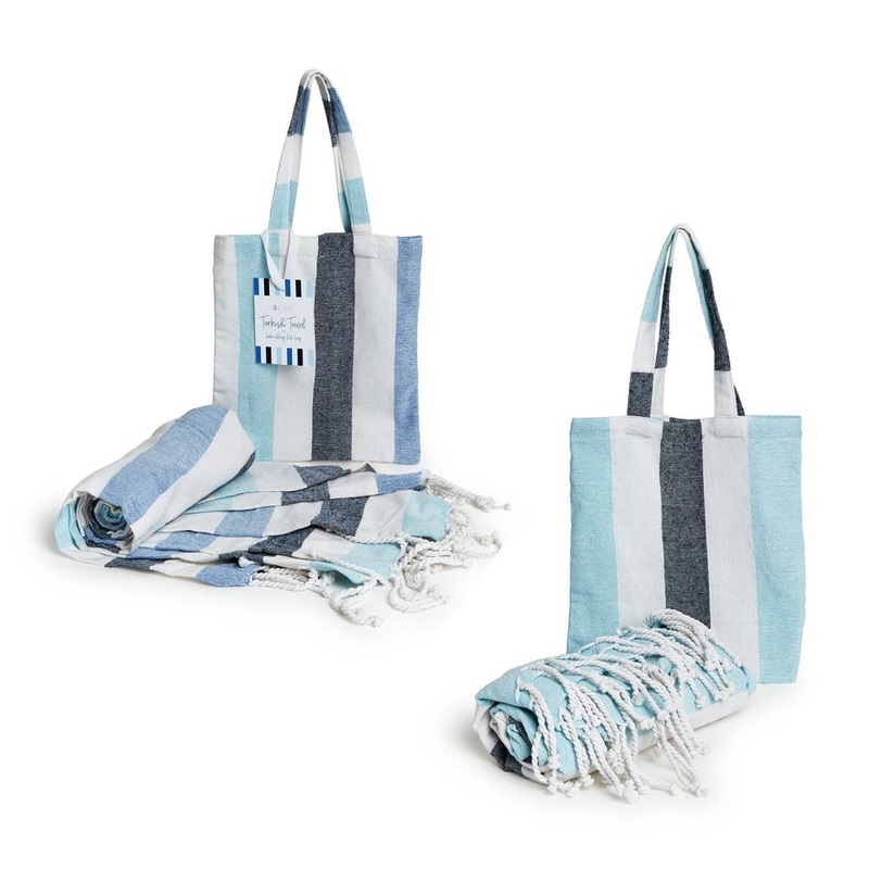 Two’s Company Over the Line Blue Multi Stripe Turkish Towel and Matching Take Along Tote Bag Assorted 2 Colors