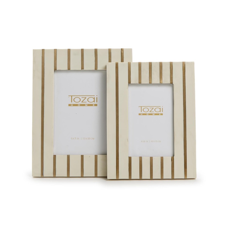 Two’s Company Parallel Set Of 2 Brass Inlay Photo Frame in 2 Sizes: 4 X 6 & 5 X 7