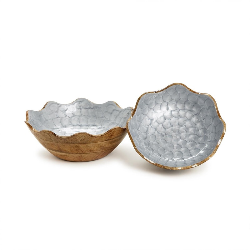 Two’s Company Shimmering Blue Set Of 2 Hand-Crafted Scalloped Edge Wood Bowl