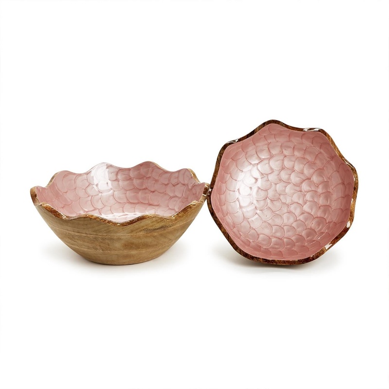 Two’s Company Shimmering Rose Set Of 2 Hand-Crafted Scalloped Edge Wood Bowl
