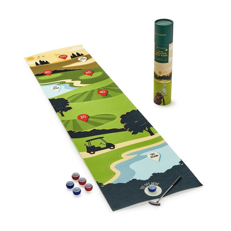 Two’s Company Tee Off Tabletop Golf Game in: 1 Felt Playing Board, Putter, 6 Playing Pieces, Instructions