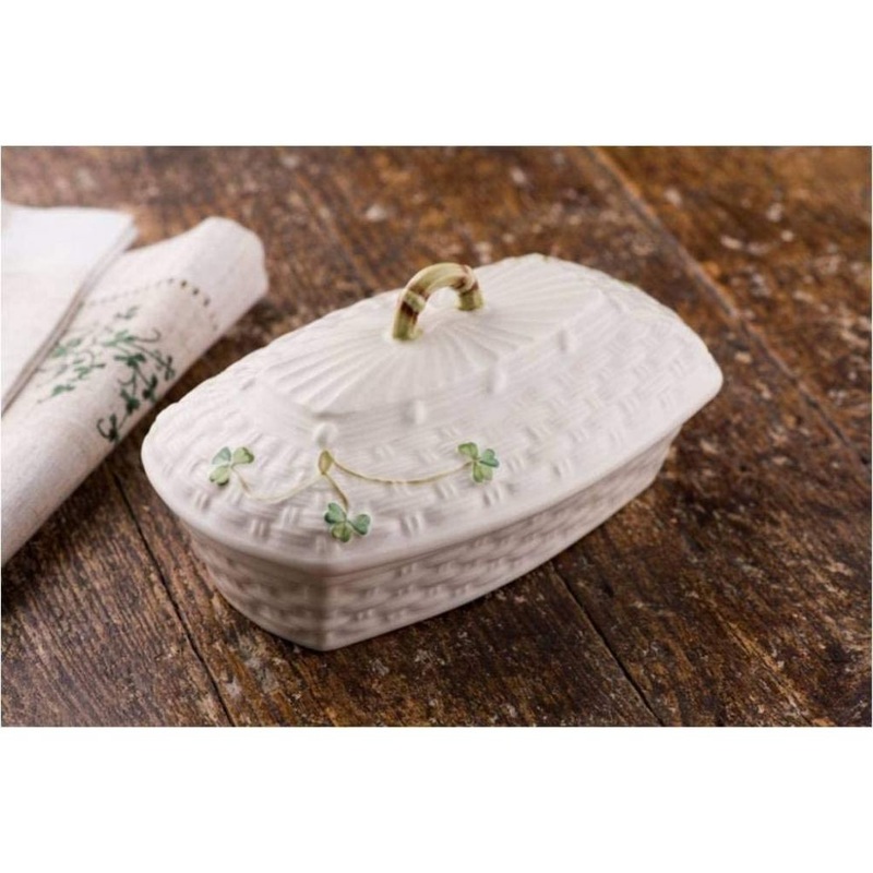 Belleek Shamrock Covered Butter Dish, Porcelain