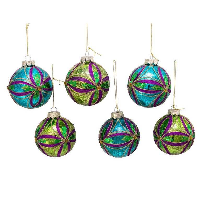 Kurt Adler Set Of 6 80mm Green Blue Gold & Purple Glass Ball Ornaments