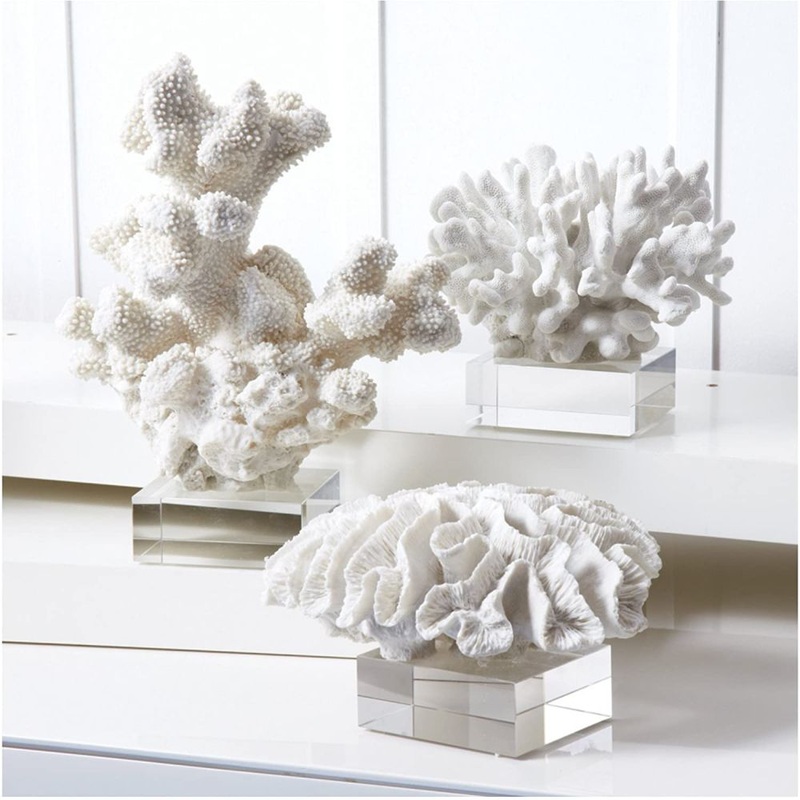 Two’s Company White Coral Sculptures on Glass Stand, Set of 3 with 3 Designs