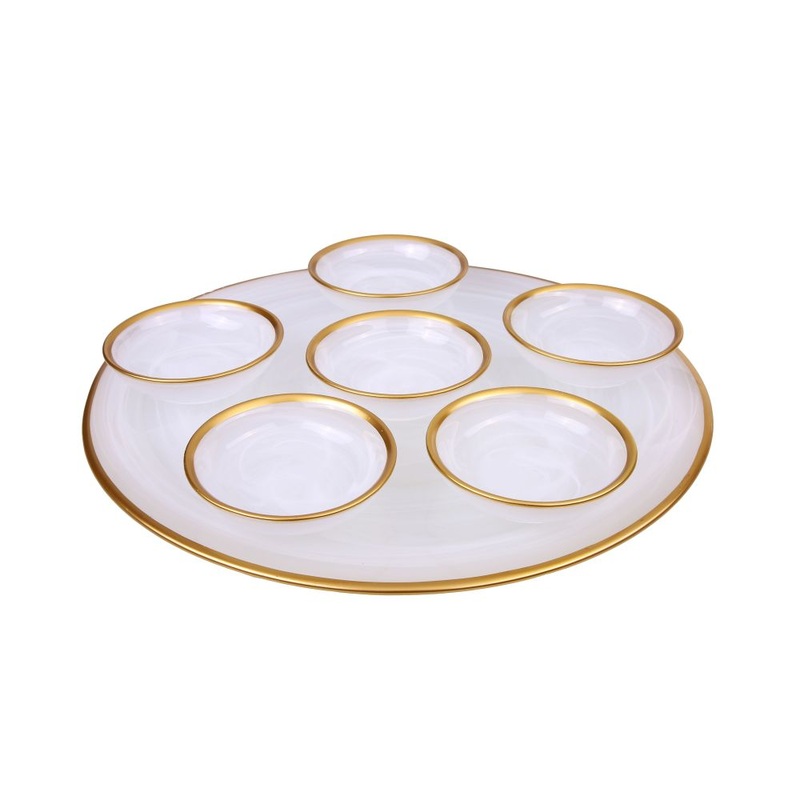 Classic Touch Decor Alabaster White Seder Plate with Gold Rim, 12.75