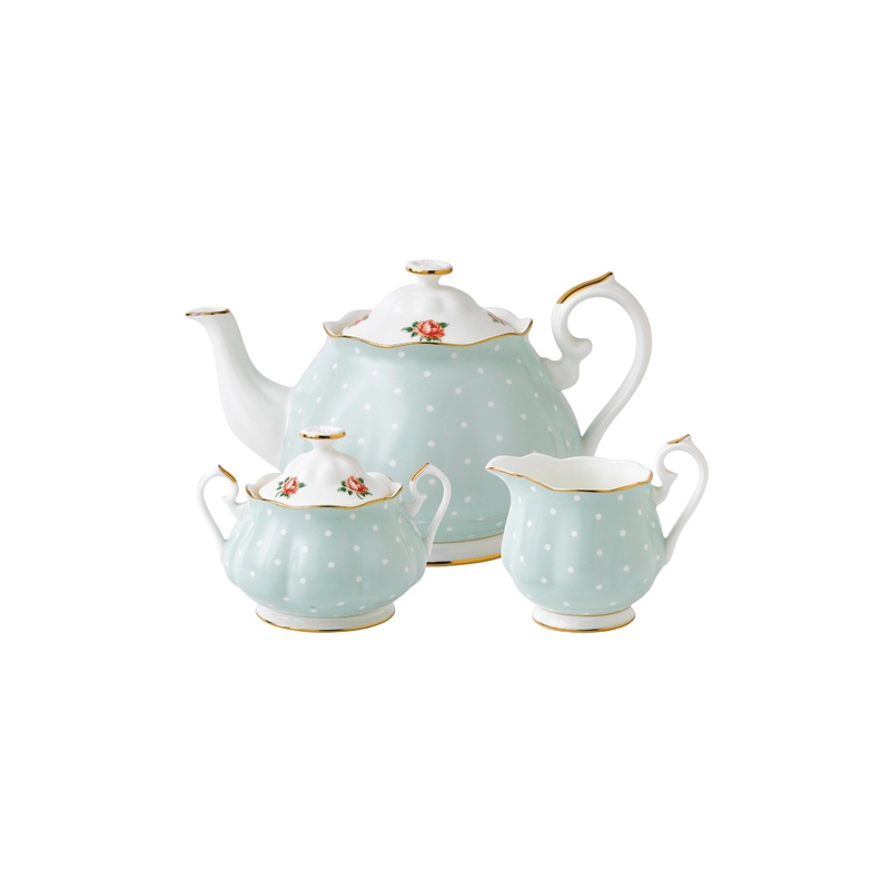 Royal Albert Polka Rose Teapot, Sugar, Cream, 3 Piece Set