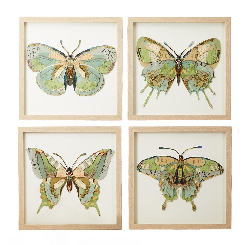 Two’s Company Papillion Set of 4 Butterfly Paper Collage Wall Art