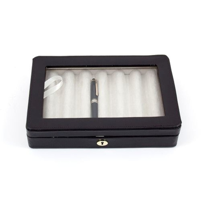 8 Pen Case With Glass Top In Brown Leather & Velour Lining