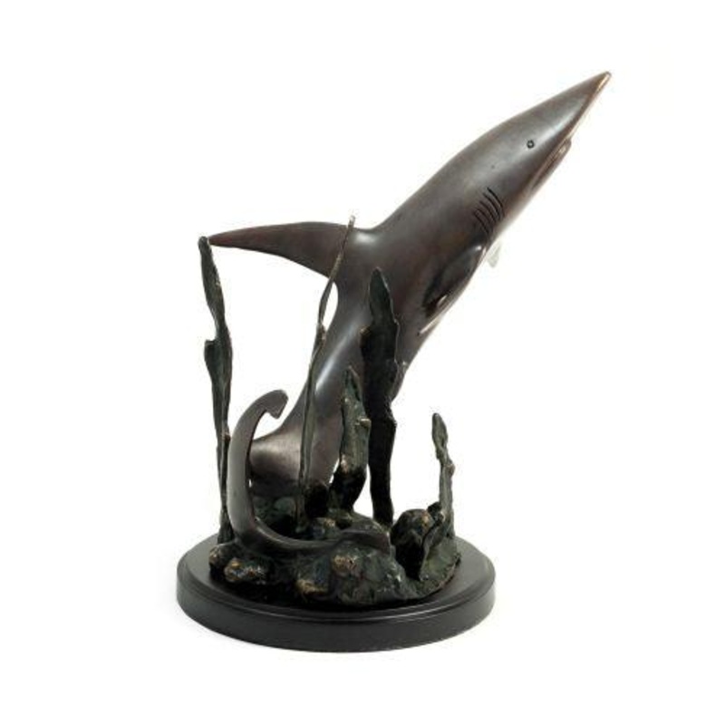 Bey Berk Brass Shark Attack Sculpture On Black Wood Base