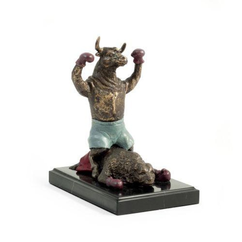 Bey Berk Knock-Out Bull Sculpture On Marble Base