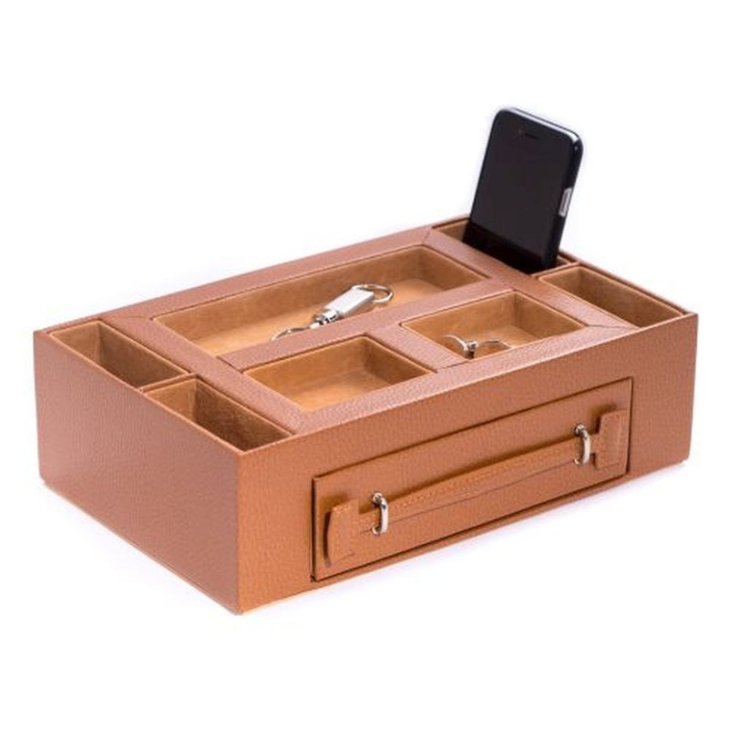 Bey Berk Tan Leather Open Face Valet Box With Drawer