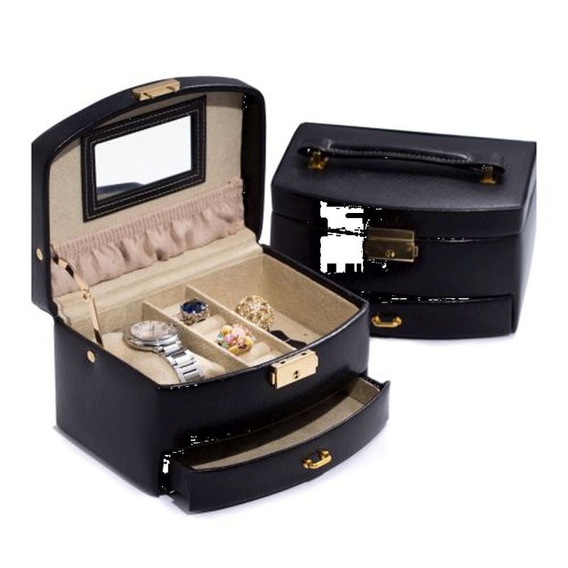 Black Leather 2 Level Jewelry Case With Drawer & Mirror