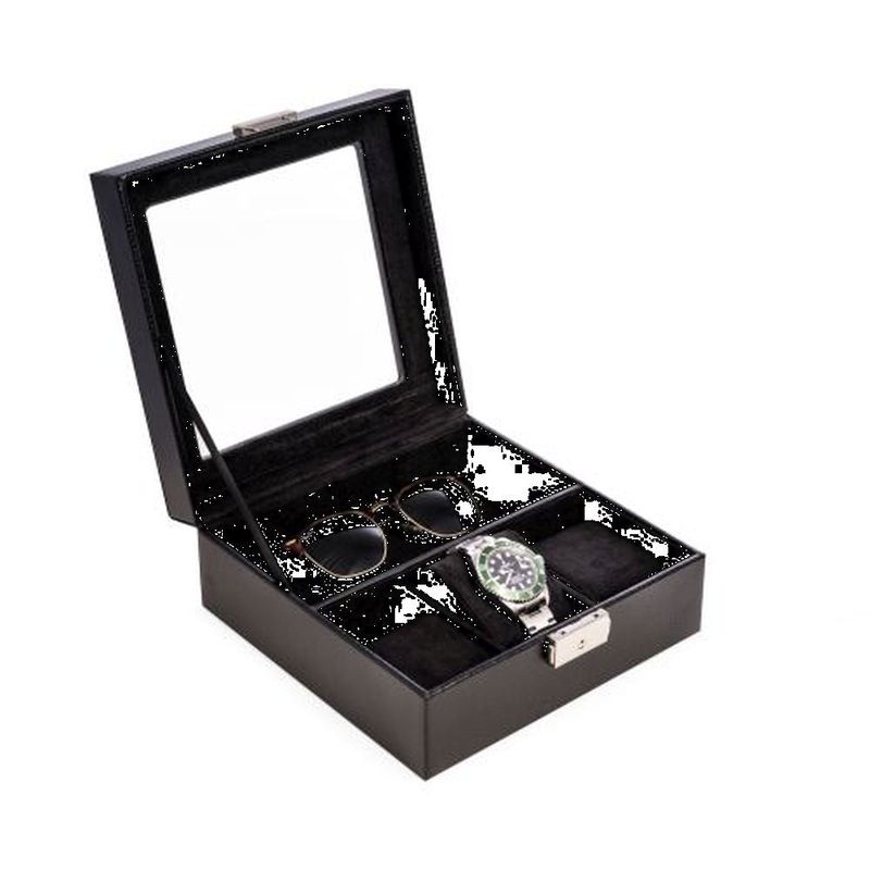 Black Leather Watch & Accessory Case With Glass Top