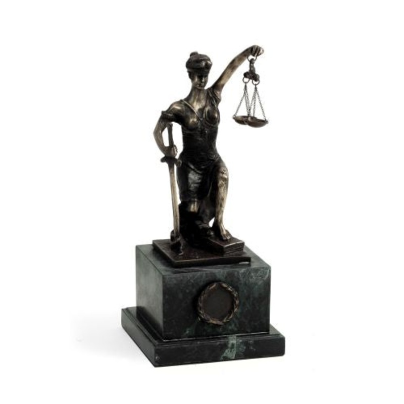 Bronzed Finish Kneeling Lady Justice Sculpture On Marble