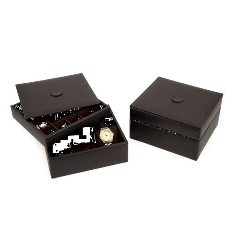 Brown Leather Stacked Valet For 6 Watches & 20 Cufflinks