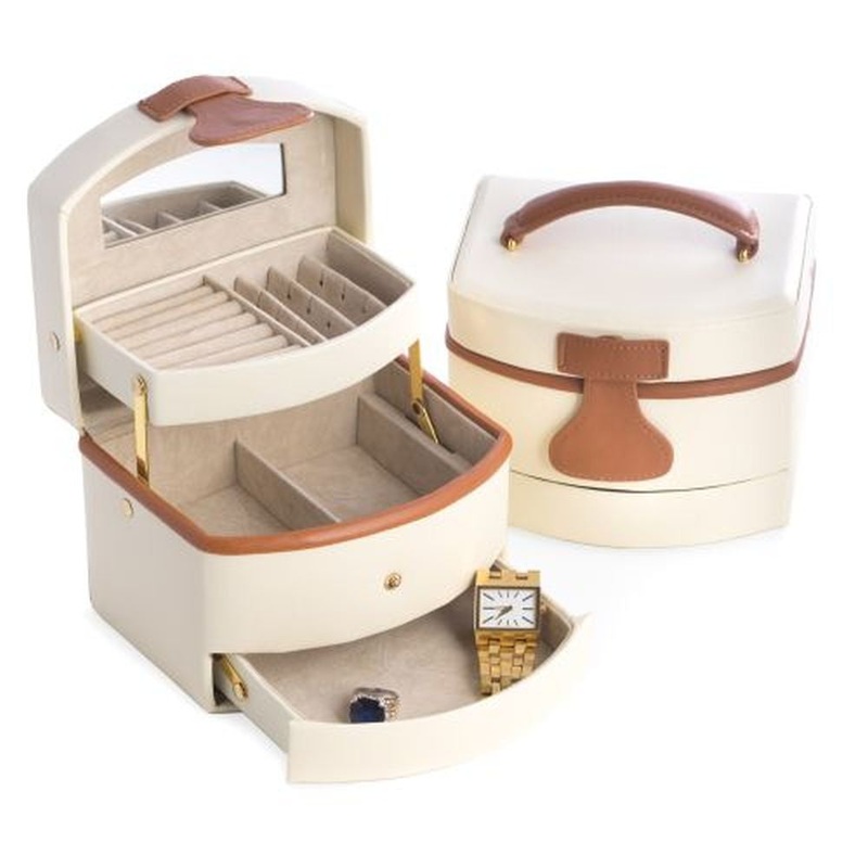 Ivory Leather 3 Level Jewelry Box With Hinged Drawer
