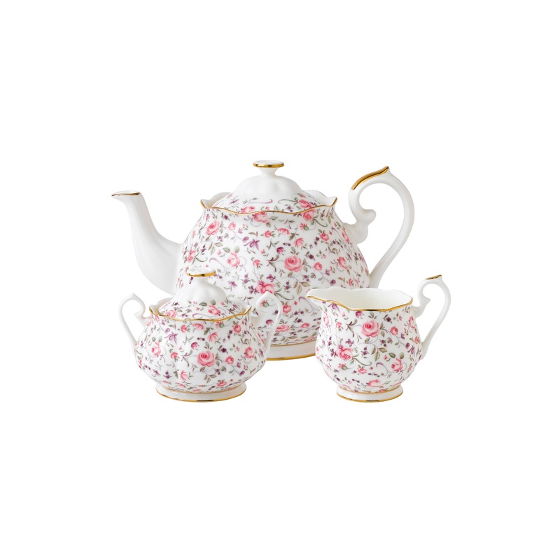 Royal Albert Rose Confetti Teapot, Sugar, Cream, 3 Piece Set