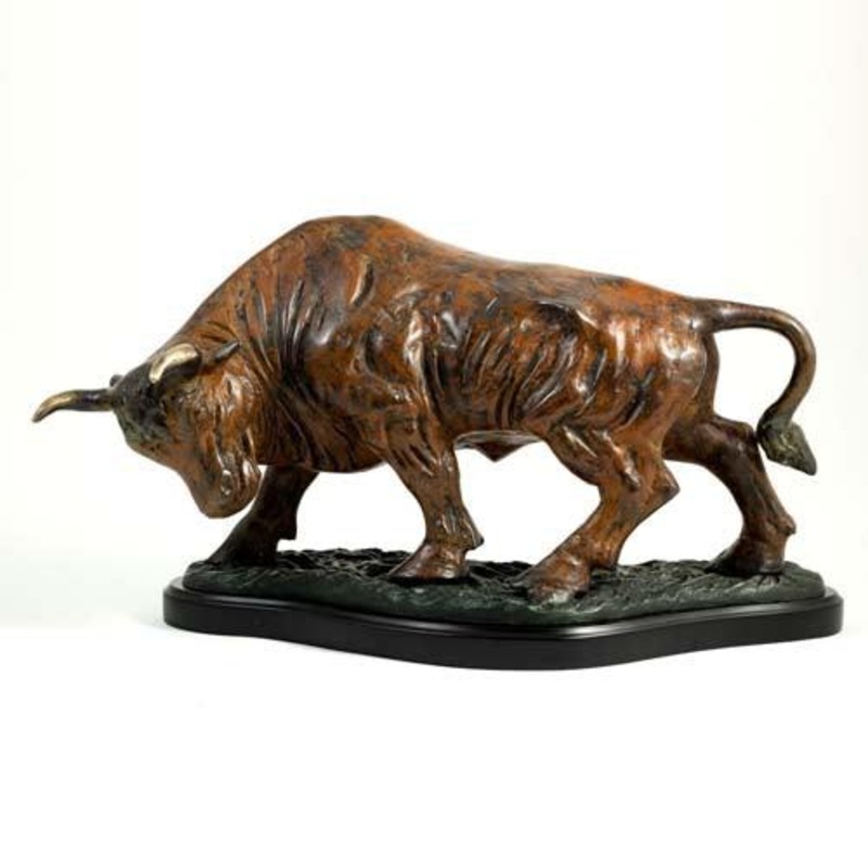 The Bull  Sculpture With Flamed Patina Finish On Wood Base
