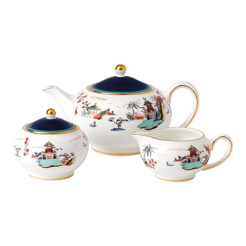 Wedgwood Wonderlust Blue Pagoda Teapot, Sugar & Creamer, 3 Piece Set