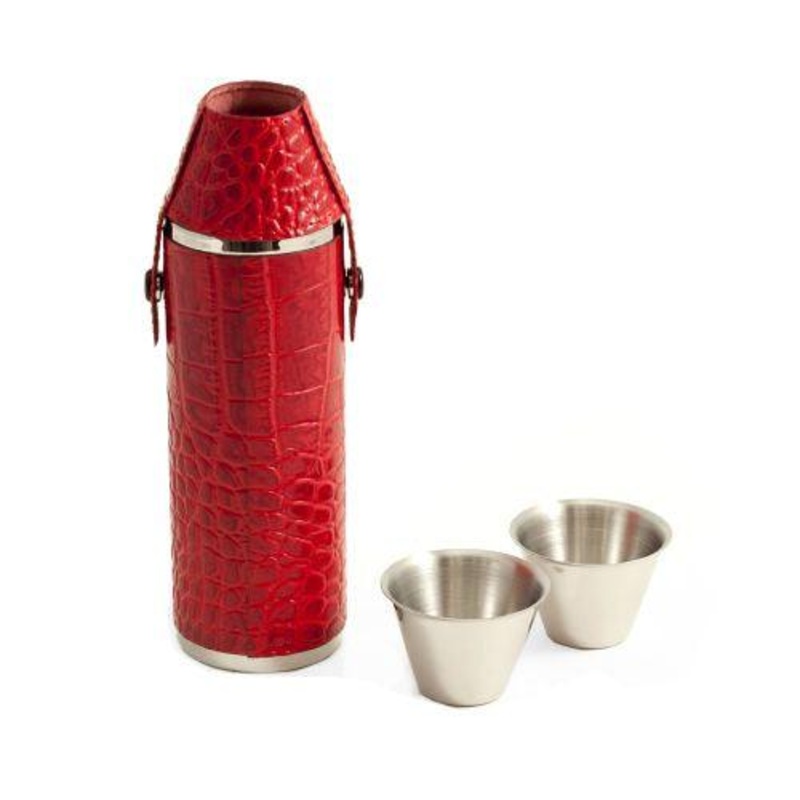 10 Oz. Stainless Steel Red Croco Leather Flask & 2 Cups
