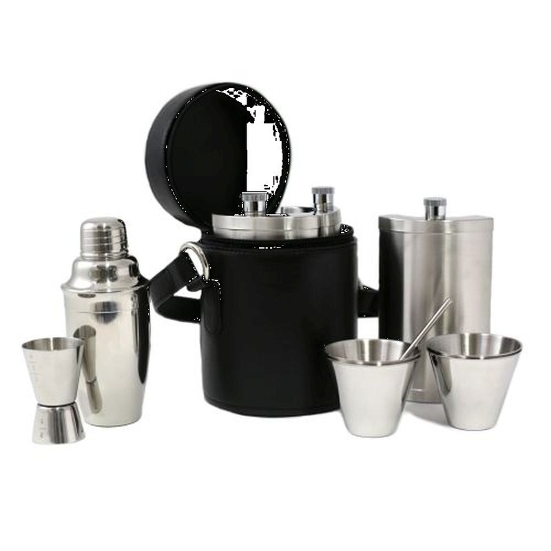 10 Pc. Stainless Steel Bar Set In Black Buffalo Leather Case