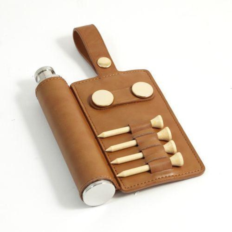 2 Oz Stainless Steel Tan Leather Flask With Golf Accessories