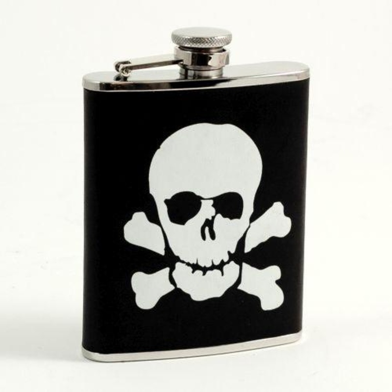 6 Oz. Stainless Steel Black Leather Skull & Bones Flask