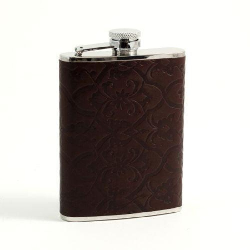 6 Oz. Stainless Steel Brown Leather Filigree Design Flask