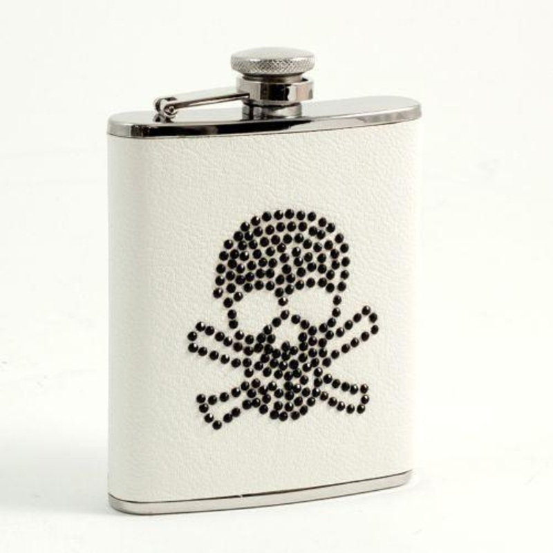 6 Oz. Stainless Steel White Leatherette Flask, Black Skull