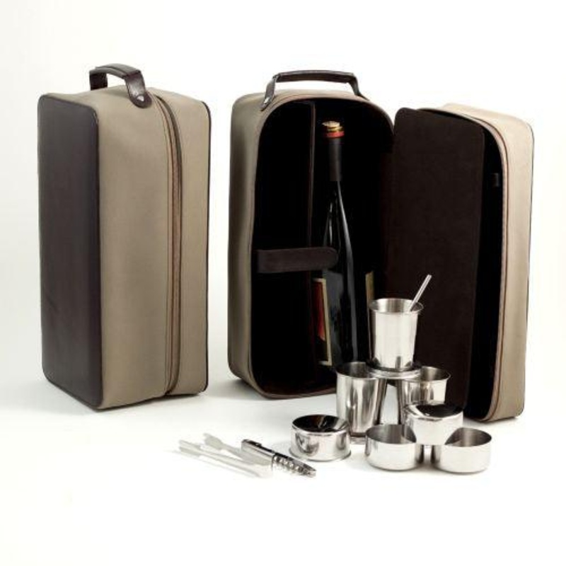 7 Pc Travel Bar Set In Ultra Suede & Brown Leather Case