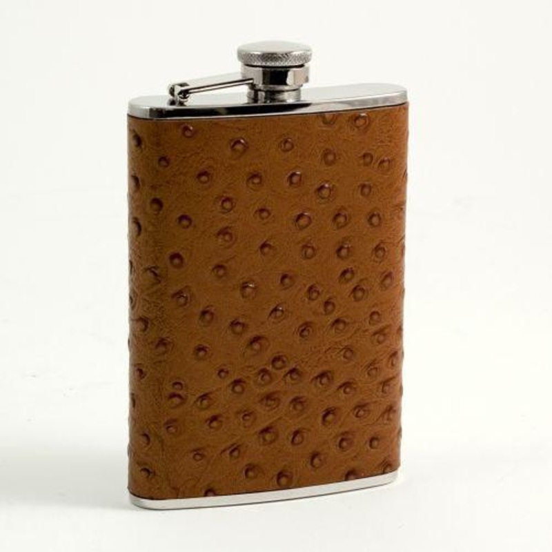 8 Oz. Stainless Steel Brown Ostrich Leather Flask