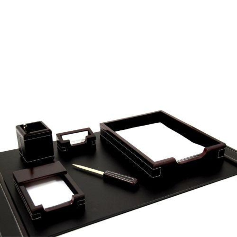 Bey Berk 6 Piece Cherry Wood & Black Leather Desk Set