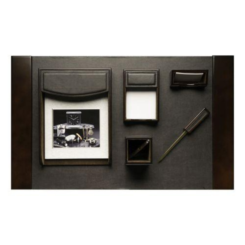 Bey Berk 6 Piece Walnut Wood & Brown Leather Desk Set